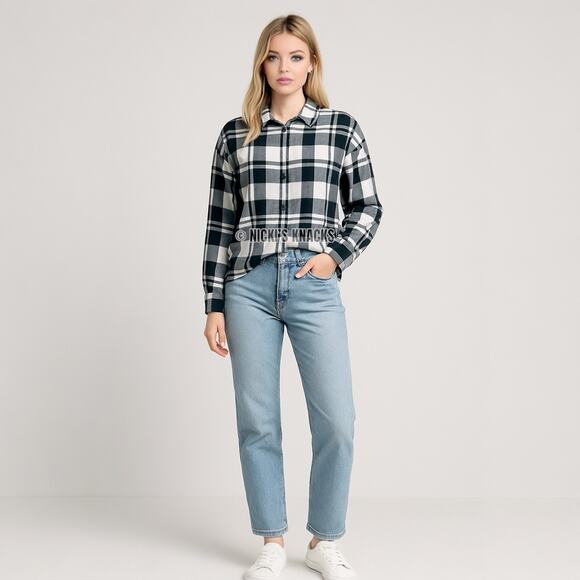 Sanctuary Nordic Plaid Cropped Button Down Long Sleeve Cotton Shirt Size S - Picture 9 of 10